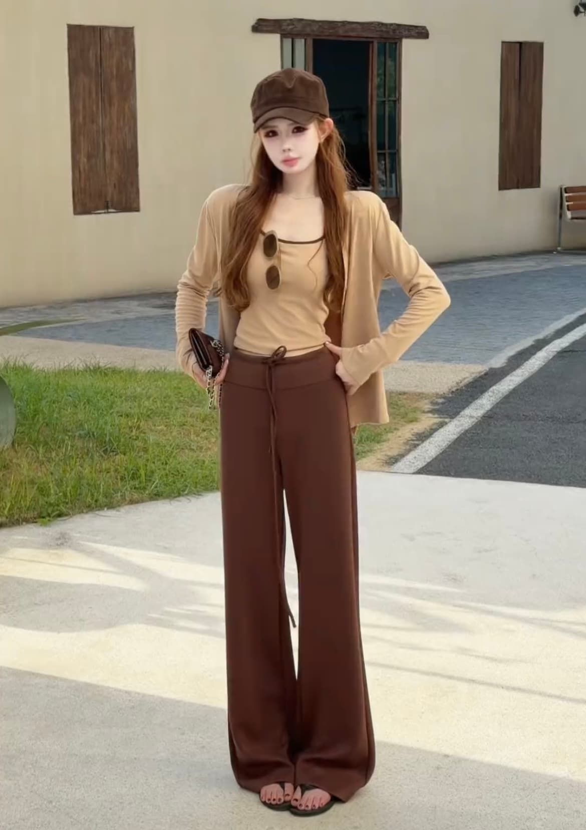 한 부서 핫걸 캐미솔 긴팔 오픈 가디건 쇼트 스타일 투피스 세트 넓은 다리 길이 바지 세 조각 세트 여성 가을