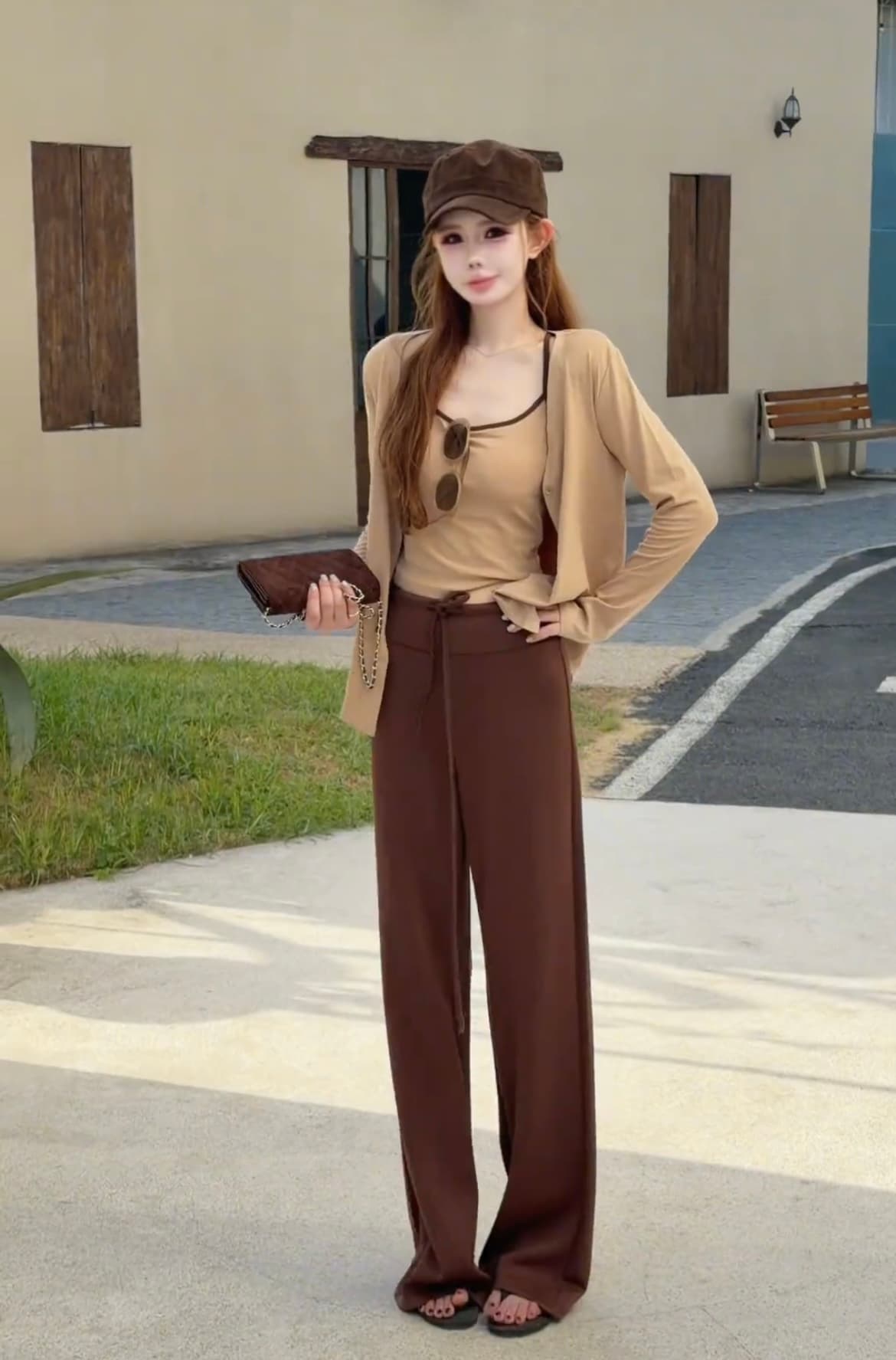한 부서 핫걸 캐미솔 긴팔 오픈 가디건 쇼트 스타일 투피스 세트 넓은 다리 길이 바지 세 조각 세트 여성 가을 상세 이미지 8