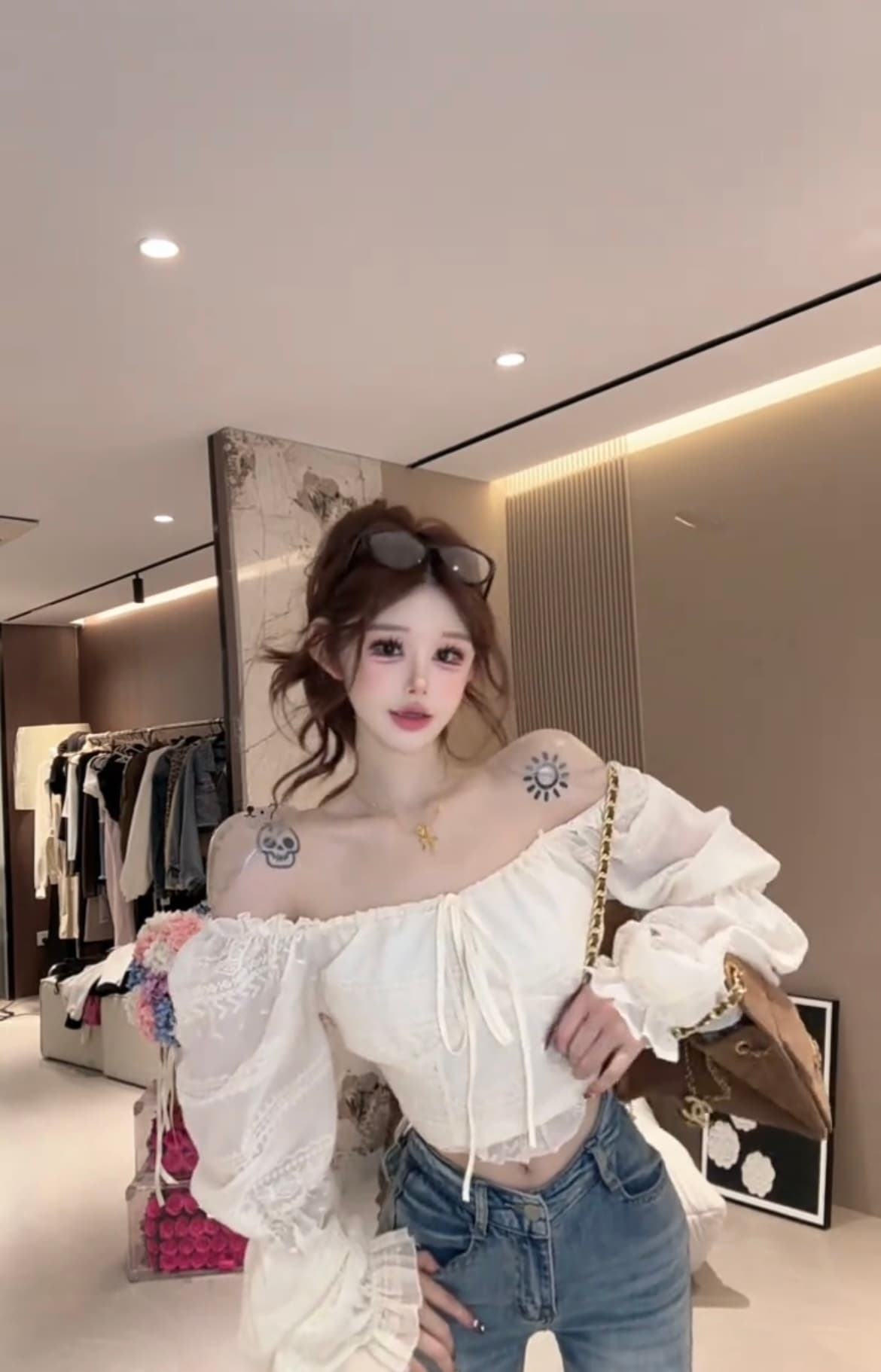 프랑스식 살구 색상 레이스 오프숄더 여성 셔츠 조기 가을 순수한 욕망 아름다운 품격 오프숄더 허리 수축 거품 소매 맨위 상세 이미지 4