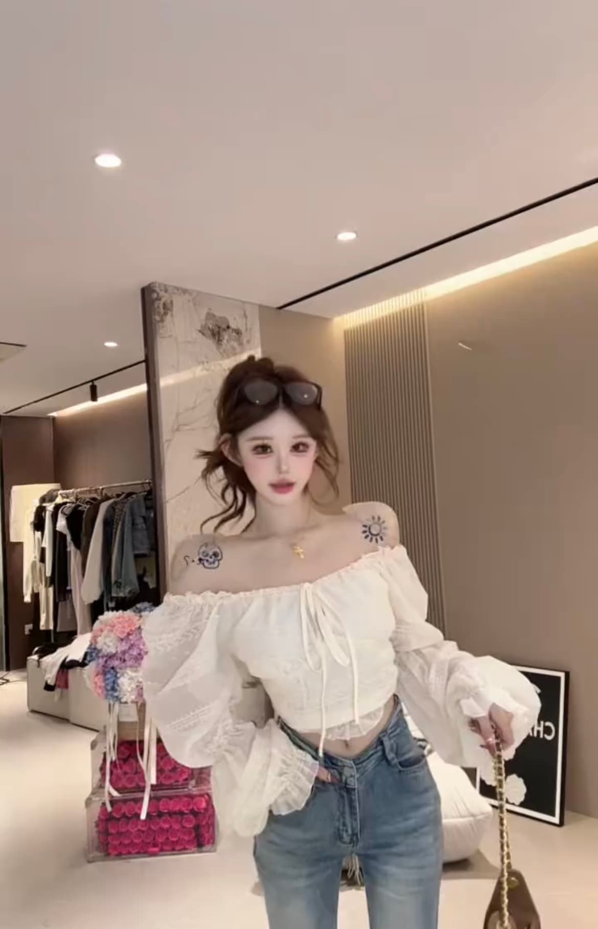 프랑스식 살구 색상 레이스 오프숄더 여성 셔츠 조기 가을 순수한 욕망 아름다운 품격 오프숄더 허리 수축 거품 소매 맨위 상세 이미지 5