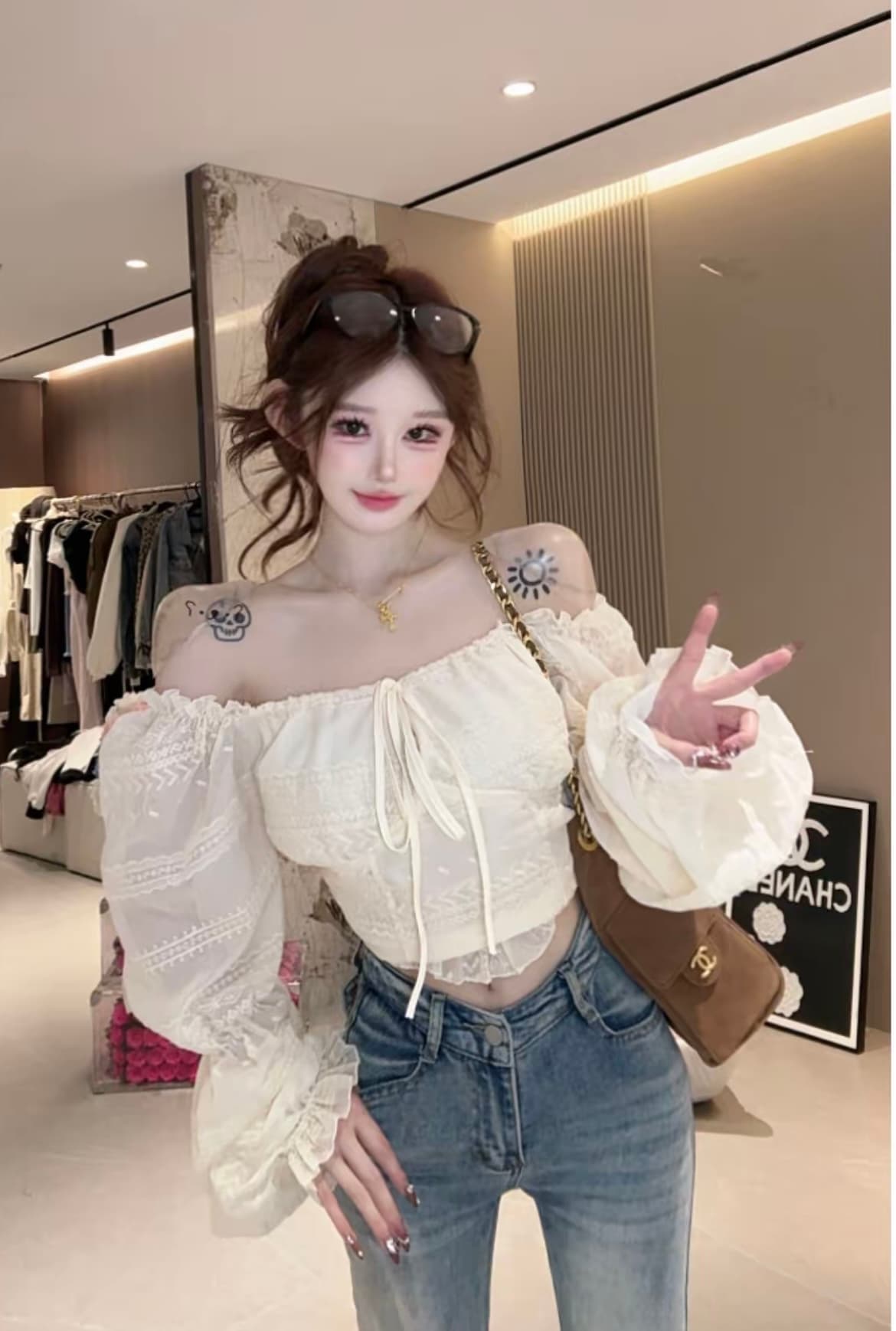 프랑스식 살구 색상 레이스 오프숄더 여성 셔츠 조기 가을 순수한 욕망 아름다운 품격 오프숄더 허리 수축 거품 소매 맨위 상세 이미지 6