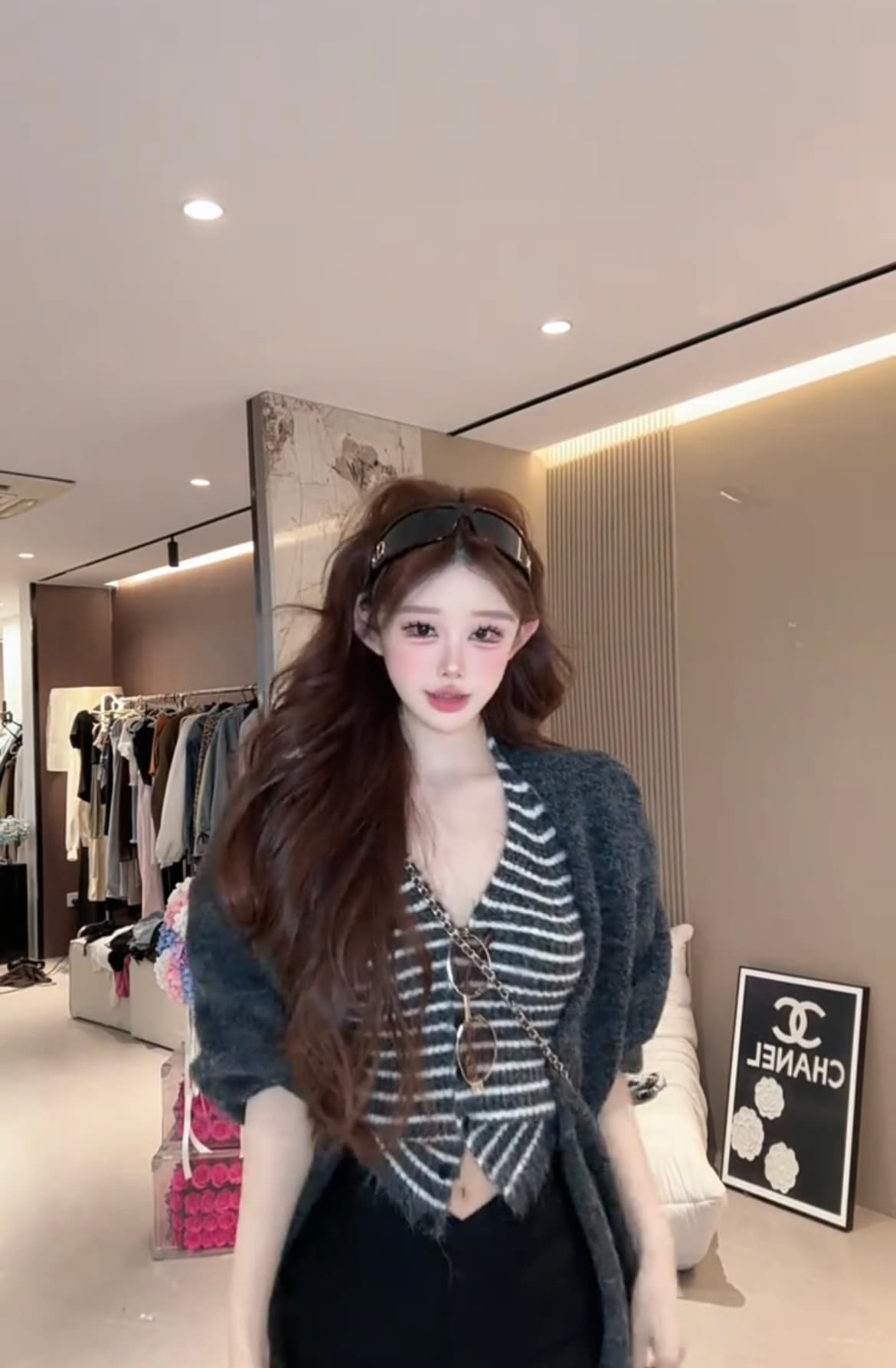 달콤함 품격 V넥 스트라이프 조끼 니트 오픈 가디건 두 조각 여성 세트 가을 새로운 품격 다용도 패션 세트 상세 이미지 9