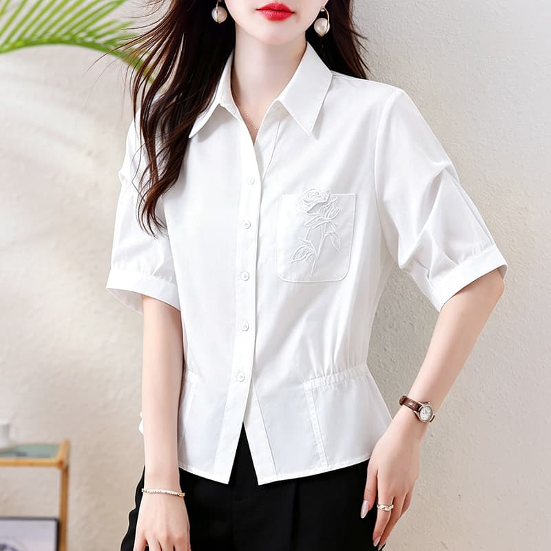면 100% 자수 폴로 칼라 반팔 여성 셔츠 허리 수축 슬림해 보이는 맨위 여름 새로운 빛 요리 한 디자인 센스 미니멀리즘 출퇴근 이미지 3
