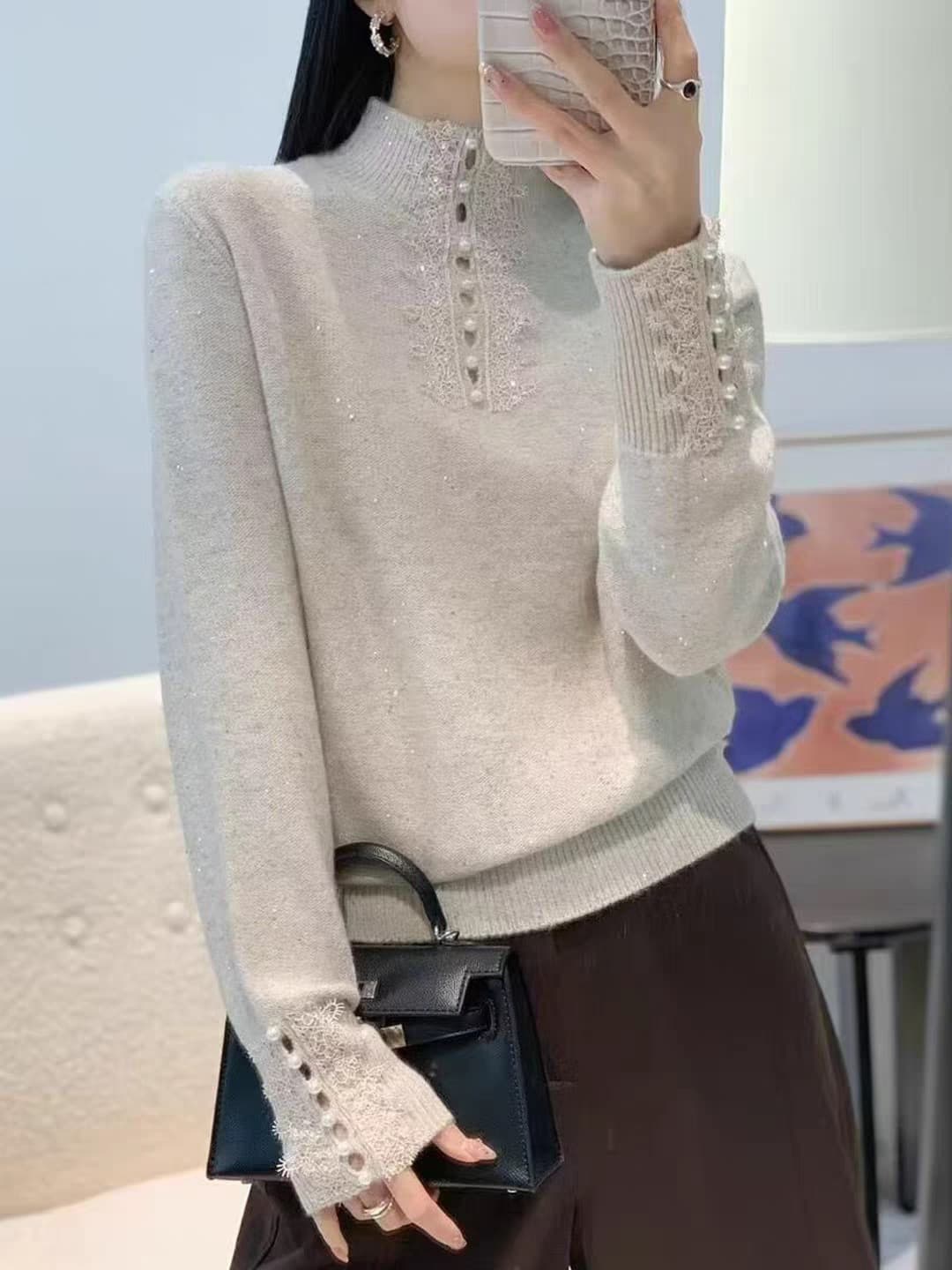나팔 소매 볼륨 측면 길이 소매 짠 셔츠 여성 가을 느긋한 바람 스웨터 2026 새로운 파란색 고급 센스 루즈핏 맨위 상세 이미지 4