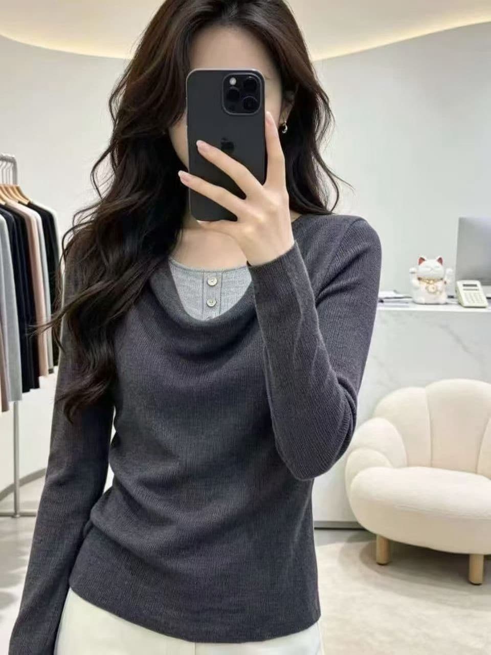 어두운 회색 페이크 레이어드 배색 니트 스웨터 여성 이른 가을 새로운 빛 요리 한 바람 긴팔 슬림해 보이는 고급 센스 예쁜 스웨터 상세 이미지 1