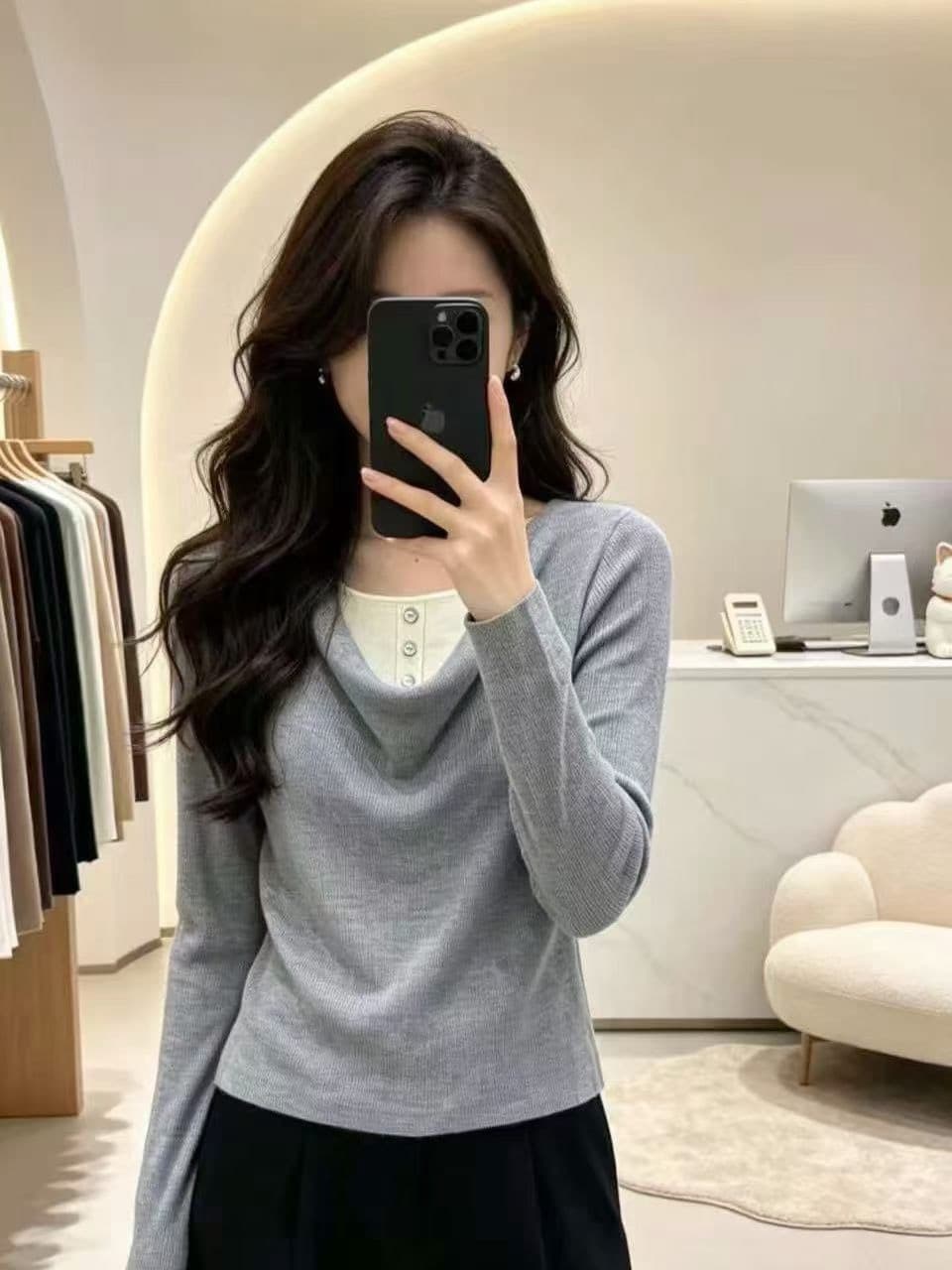 어두운 회색 페이크 레이어드 배색 니트 스웨터 여성 이른 가을 새로운 빛 요리 한 바람 긴팔 슬림해 보이는 고급 센스 예쁜 스웨터 상세 이미지 2