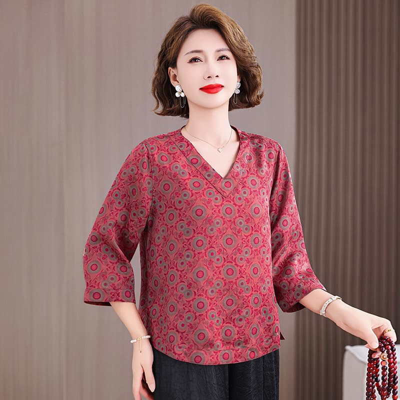 V넥 샹윈사 실크 맨위 7부 소매 새로운 여름 빅 사이즈 뽕나무 누에 실크 셔츠 중노년 어머니 드레스 이미지 3
