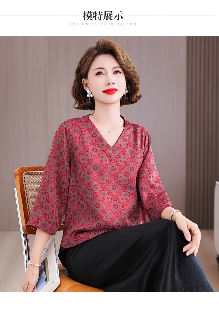 V넥 샹윈사 실크 맨위 7부 소매 새로운 여름 빅 사이즈 뽕나무 누에 실크 셔츠 중노년 어머니 드레스 상세 이미지 10