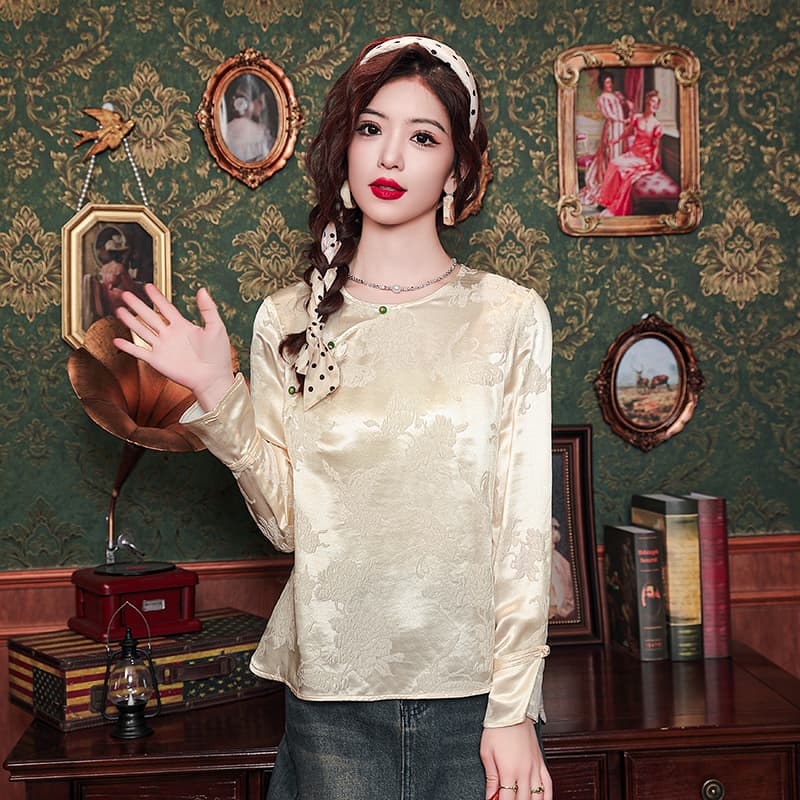 2026 우아함 새로운 중식 무거운 뽕나무 누에 실크 크라운 음악 크레이프 고급 다용도 도루 센스 셔츠 긴팔 중국풍 이미지 3
