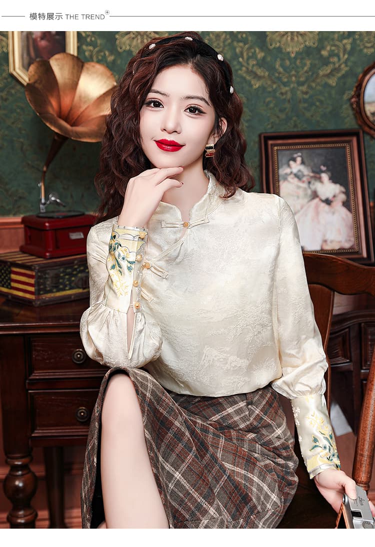 2026 년 가을 새로운 중식 국풍 감기 고급 센스 개선 당나라 단추 베이지 색 기본 셔츠 맨위 여성 상세 이미지 10