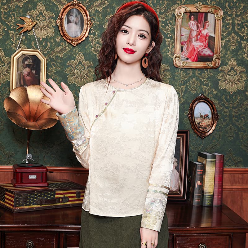 2026 년 가을 새로운 라운드 넥 고급 자카드 새틴 맨위 여성 디자인 센스 시뮬레이션 실크 새로운 중식 셔츠 이미지 4