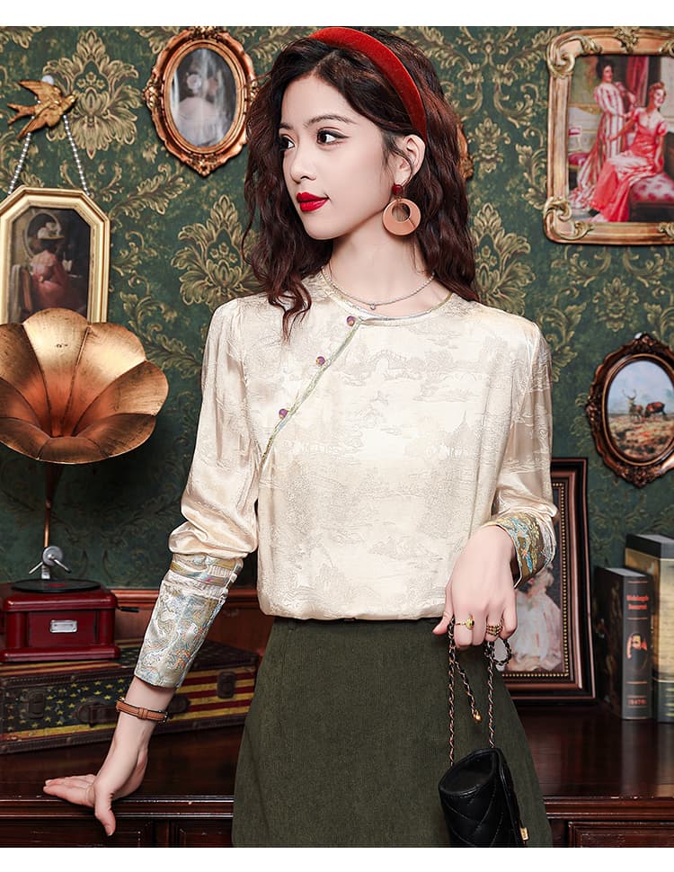 2026 년 가을 새로운 라운드 넥 고급 자카드 새틴 맨위 여성 디자인 센스 시뮬레이션 실크 새로운 중식 셔츠 상세 이미지 11