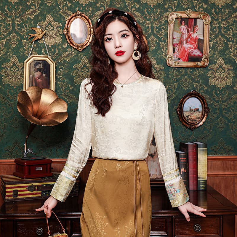 레트로 새로운 중식 국풍 실크 자카드 여성 셔츠 봄 여름 새로운 루즈핏 라운드 넥 긴팔 뽕나무 누에 실크 맨위 이미지 2
