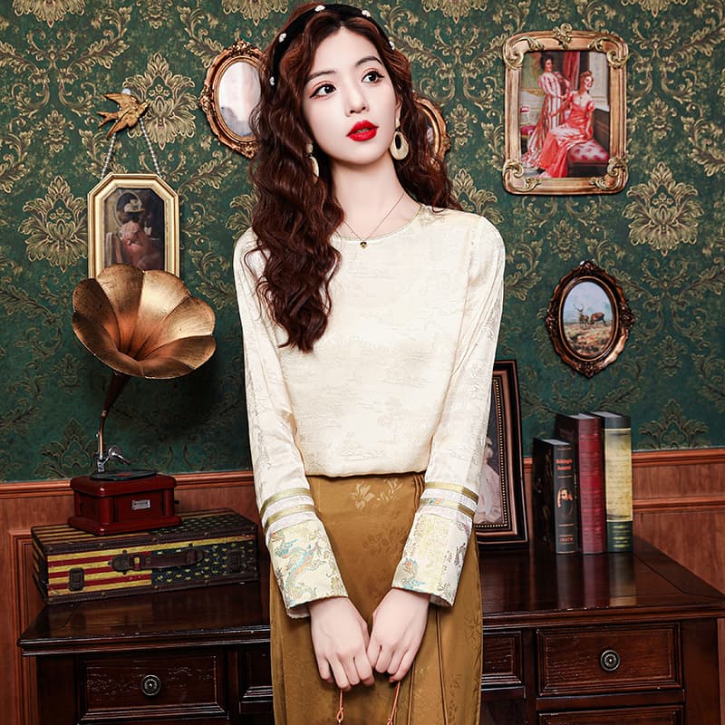 레트로 새로운 중식 국풍 실크 자카드 여성 셔츠 봄 여름 새로운 루즈핏 라운드 넥 긴팔 뽕나무 누에 실크 맨위 이미지 4