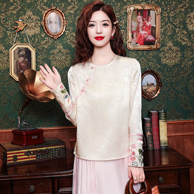 2026 가을 새로운 중식 국풍 자수 비스듬한 襟 자카드 라운드 넥 자카드 맨위 여성 새틴 셔츠 이미지 3