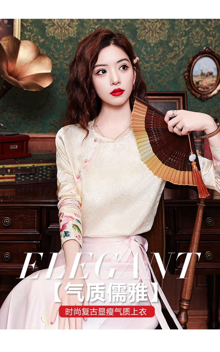 2026 가을 새로운 중식 국풍 자수 비스듬한 襟 자카드 라운드 넥 자카드 맨위 여성 새틴 셔츠 상세 이미지 1