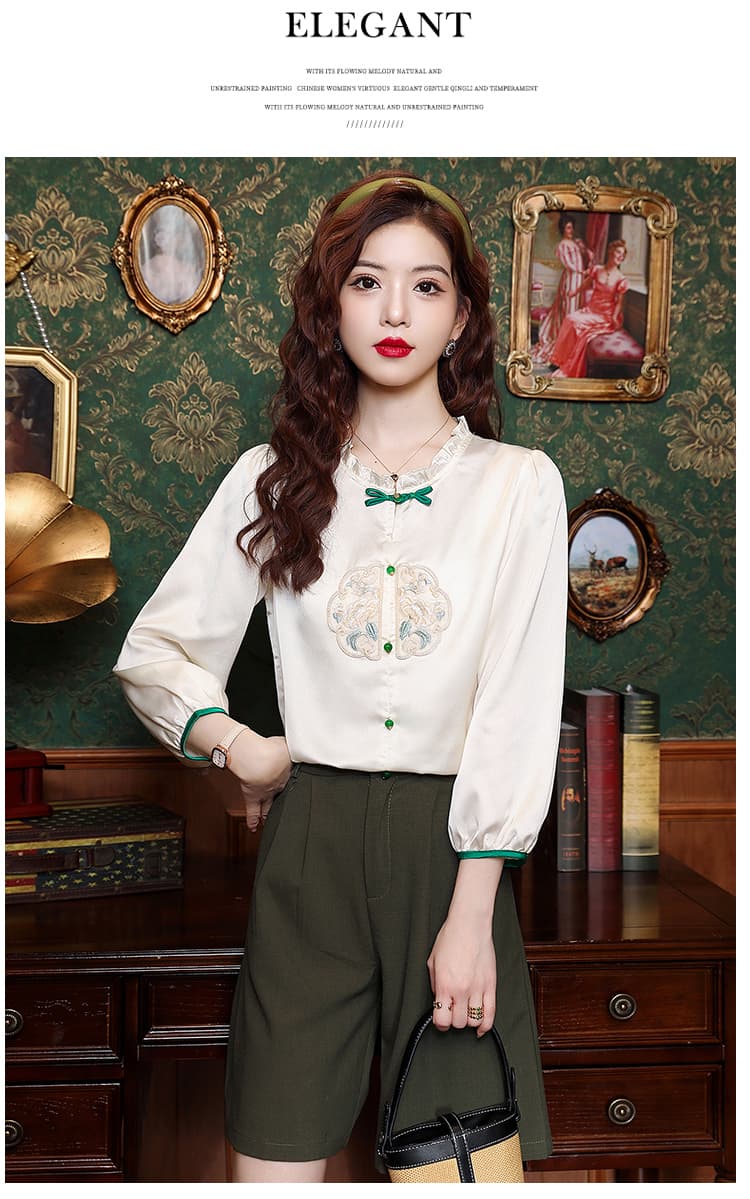 2026 봄 여름 새로운 레트로 나비 버클 품격 프릴 칼라 7부 소매 슬림해 보이는 미니멀리즘 맨위 상세 이미지 14