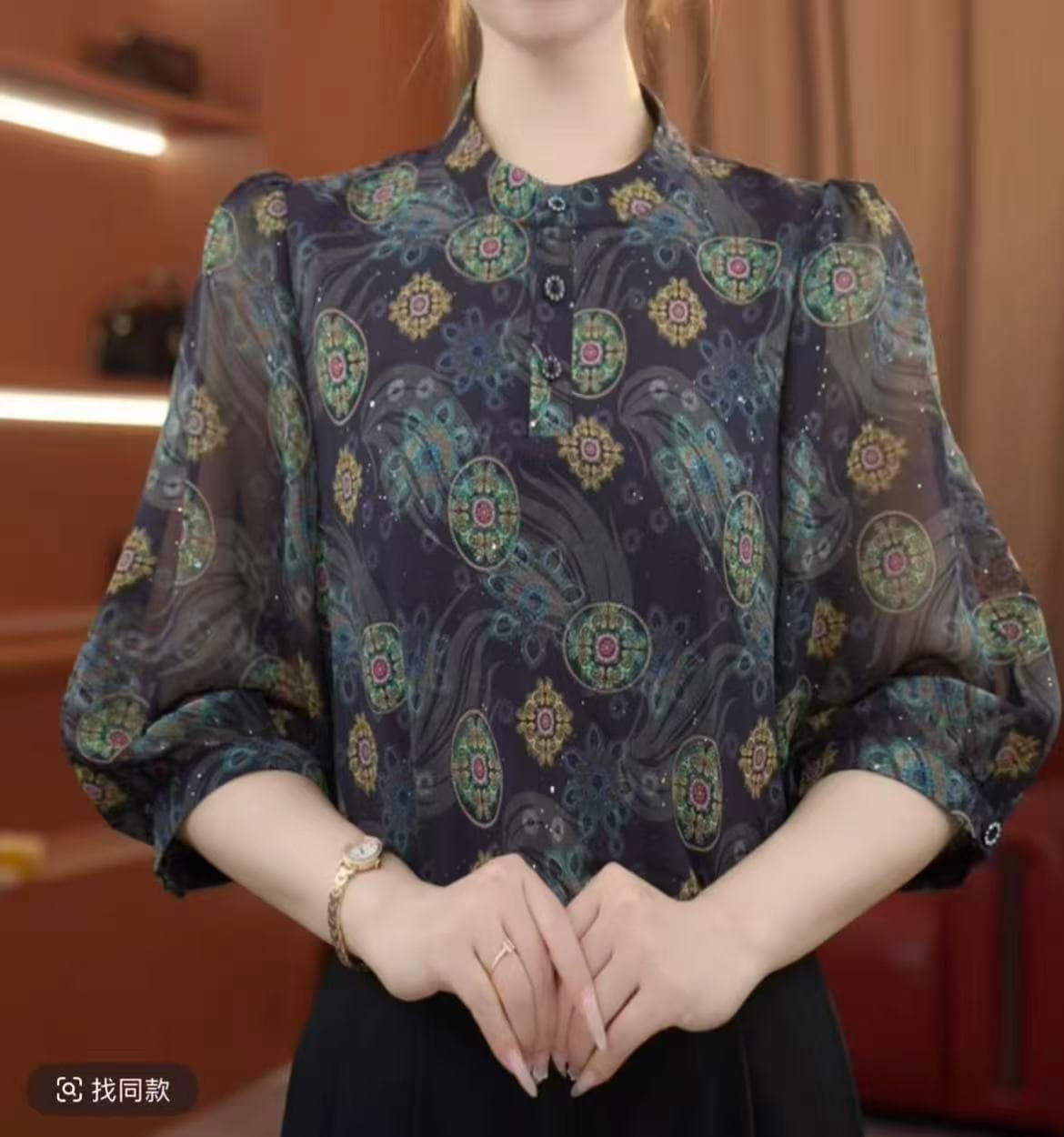 2026 여름 새로운 윤진 실크 프린트 라운드 넥 캐주얼 셔츠 여성