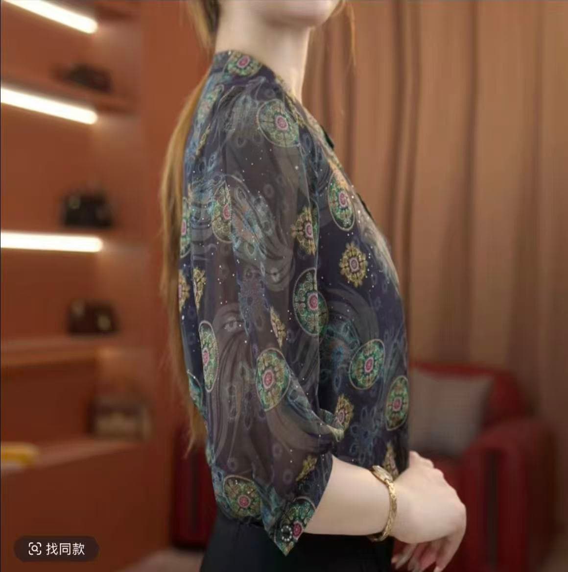 2026 여름 새로운 윤진 실크 프린트 라운드 넥 캐주얼 셔츠 여성 상세 이미지 2
