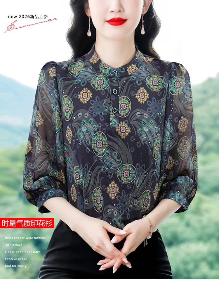 2026 여름 새로운 라운드 넥 윤진 실크 프린트 7부 소매 캐주얼 셔츠 상세 이미지 1