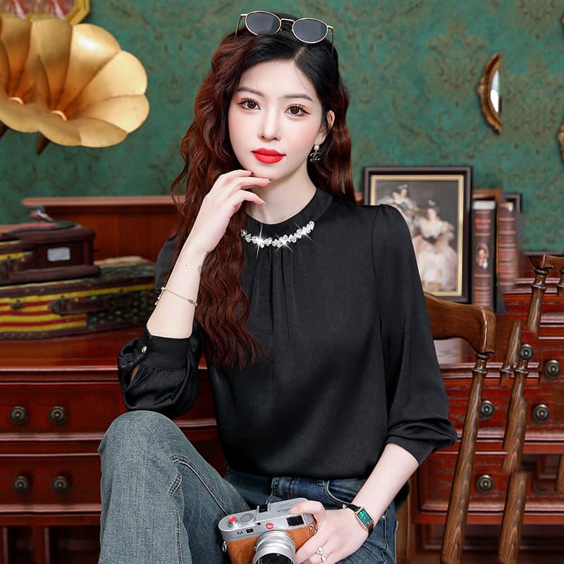 2026 가을 새로운 프랑스식 패션 무거운 작업 못 훈련 라운드 넥 아세트산 공단 단색 셔츠 이미지 4