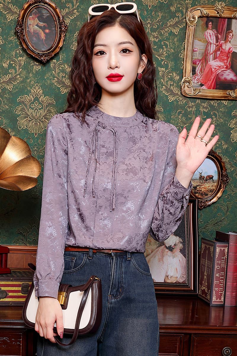 2026 가을 새로운 패션 우아함 품격 새틴 자카드 라운드 넥 단추 긴팔 맨위 이미지 4