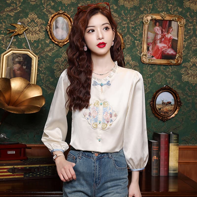 2026 가을 새로운 우아함 레트로 단추 자수 Chic 아세트산 맨위 이미지 2
