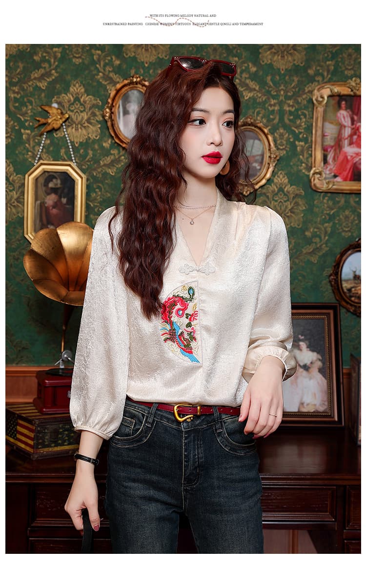 2026 빛 럭셔리 절묘한 우아함 분위기 아름다움 패션 모델링 센스 레트로 V넥 두바이 주름 자카드 셔츠 상세 이미지 20