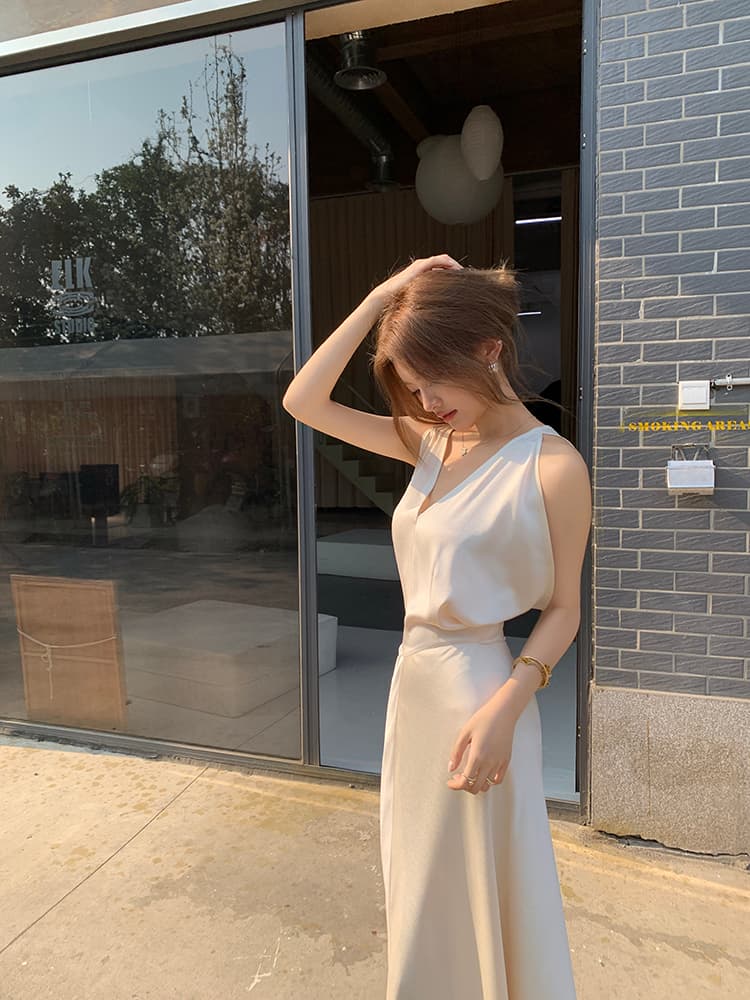 실사 2026 봄 여름 새로운 디자인 센스 V넥 도루 센스 새틴 여성 드레스 허리 수축 슬림해 보이는 레이스업 롱 스커트 상세 이미지 11