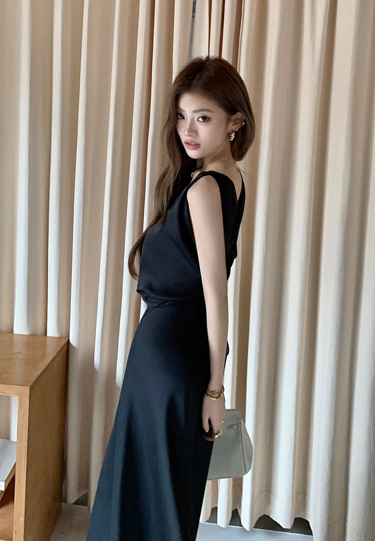 실사 2026 봄 여름 새로운 디자인 센스 V넥 도루 센스 새틴 여성 드레스 허리 수축 슬림해 보이는 레이스업 롱 스커트 상세 이미지 67