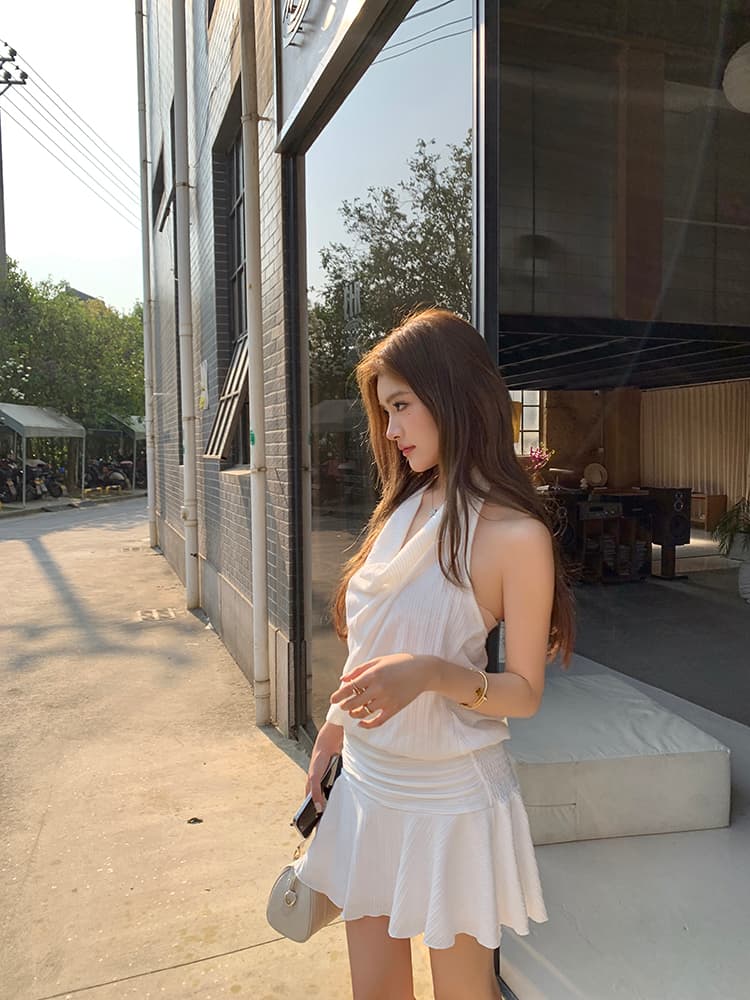 실사 2026 봄 여름 새로운 화이트 흔들다 칼라 행침 목 백리스 여성 드레스 고급 센스 허리 수축 한 마디 짧은 치마 상세 이미지 19