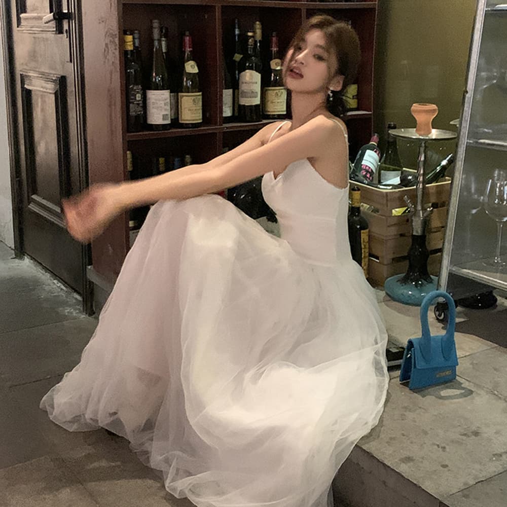 실사 2026 봄 여름 새로운 낭만주의 발레 패치워크 거즈 스커트 슬립 드레스 여성 드레스 V넥 퍼프 롱 스커트 이미지 5