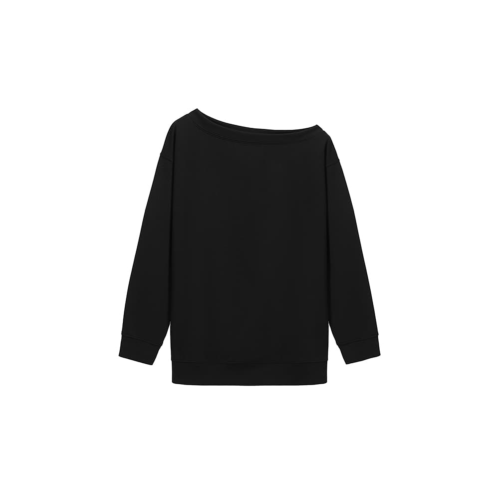 실사 2026 가을 새로운 디자인 센스 미니멀리즘 느긋한 바람 수 있습니다. 오프숄더 검정색 후드티 루즈핏 비스듬한 어깨 의류 여성 이미지 6