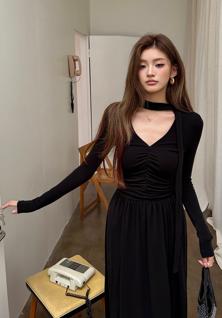 실사 2026 가을 새로운 디자인 센스 주름 리본 품격 여성 드레스 V넥 패션 몸매 가꾸기 한 마디 롱 스커트 상세 이미지 19