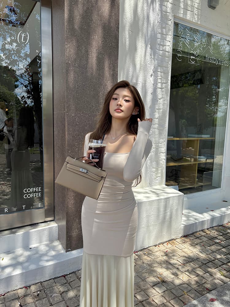 실사 2026 가을 새로운 디자인 광장 칼라 드레스 품격 고급 센스 반투명 패치워크 인어 꼬리 스커트 롱 스커트 상세 이미지 15