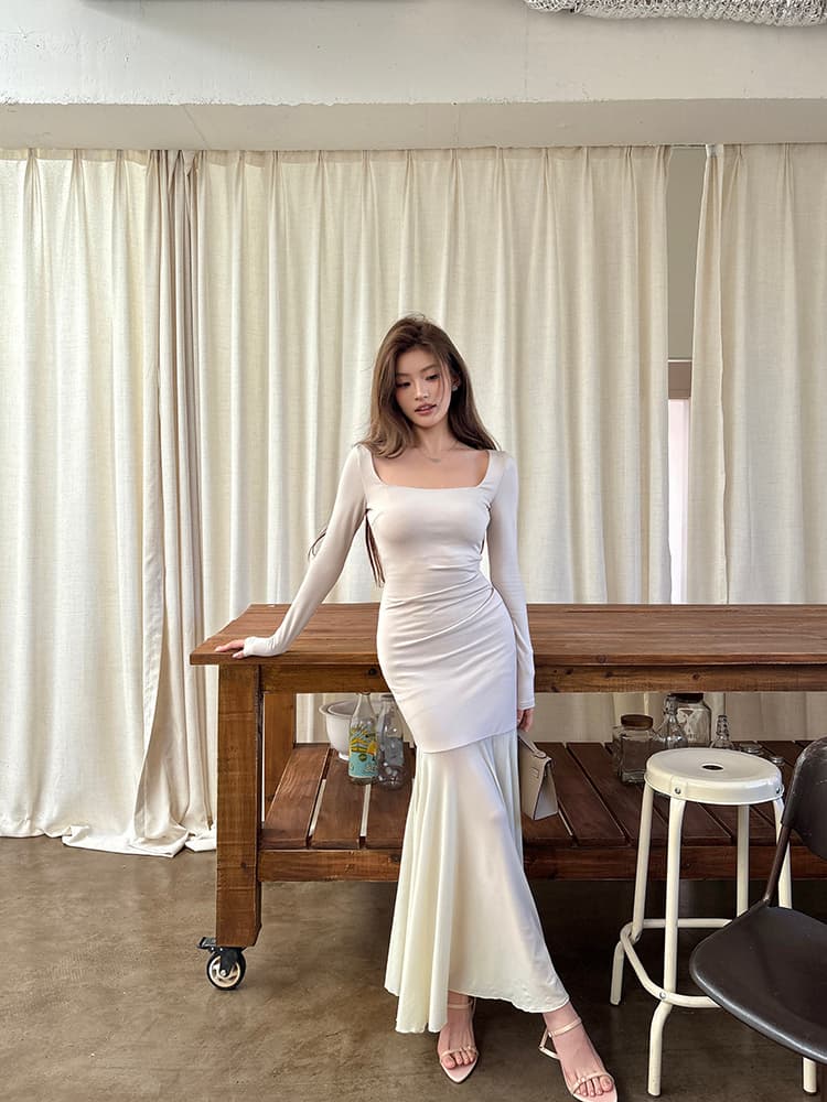 실사 2026 가을 새로운 디자인 광장 칼라 드레스 품격 고급 센스 반투명 패치워크 인어 꼬리 스커트 롱 스커트 상세 이미지 29
