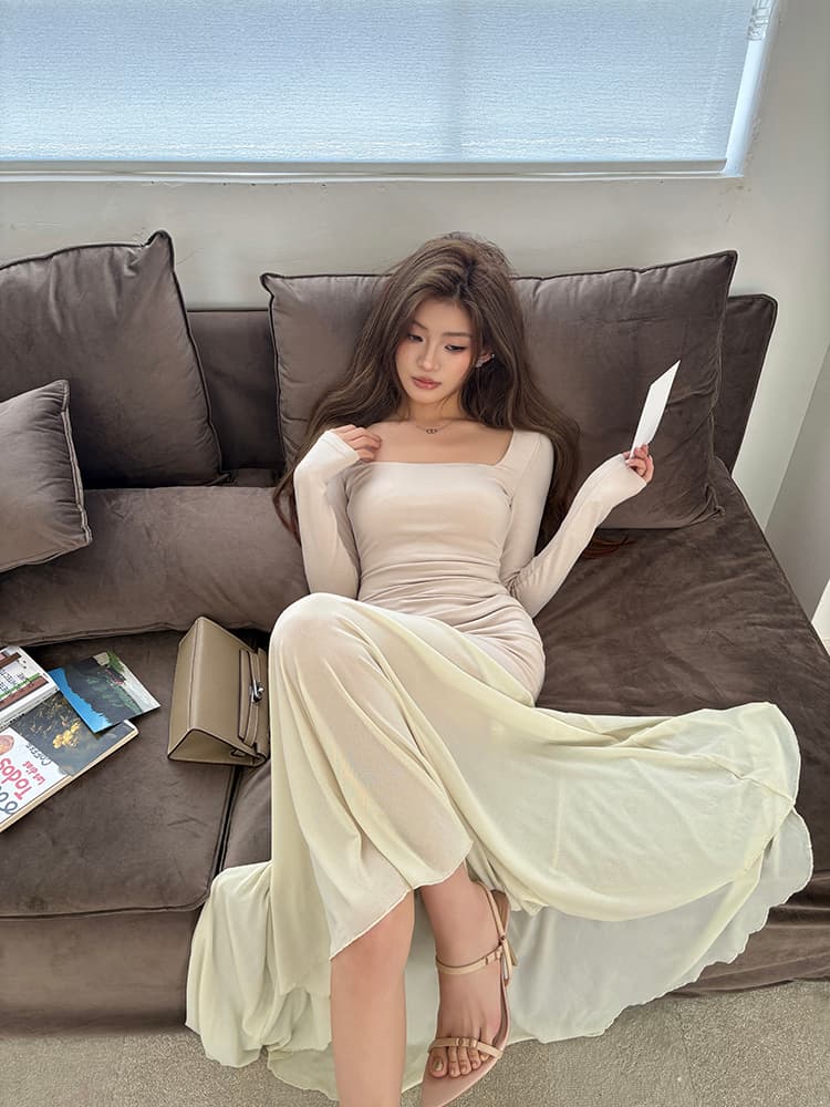 실사 2026 가을 새로운 디자인 광장 칼라 드레스 품격 고급 센스 반투명 패치워크 인어 꼬리 스커트 롱 스커트 상세 이미지 33