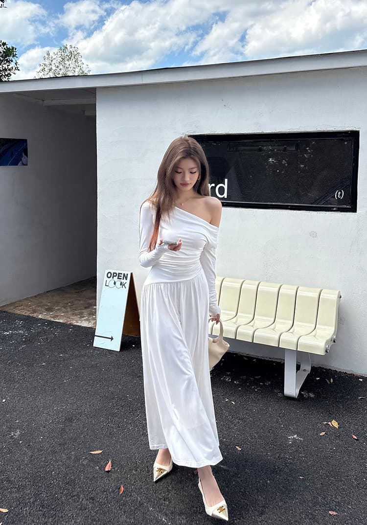 실사 2026 가을 새로운 흔들다 칼라 오프숄더 허리 수축 드레스 백리스 깊은 v 레이스업 품격 고급 롱 스커트 여성 상세 이미지 29