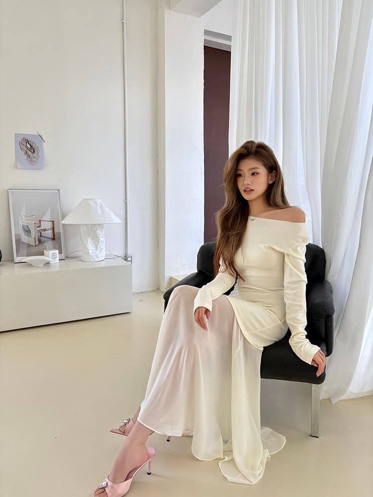 실사 2026 새로운 오프숄더 품격 여성 드레스 쉬폰 패치워크 몸매 가꾸기 타이트 스커트 인어 꼬리 롱 스커트 상세 이미지 70