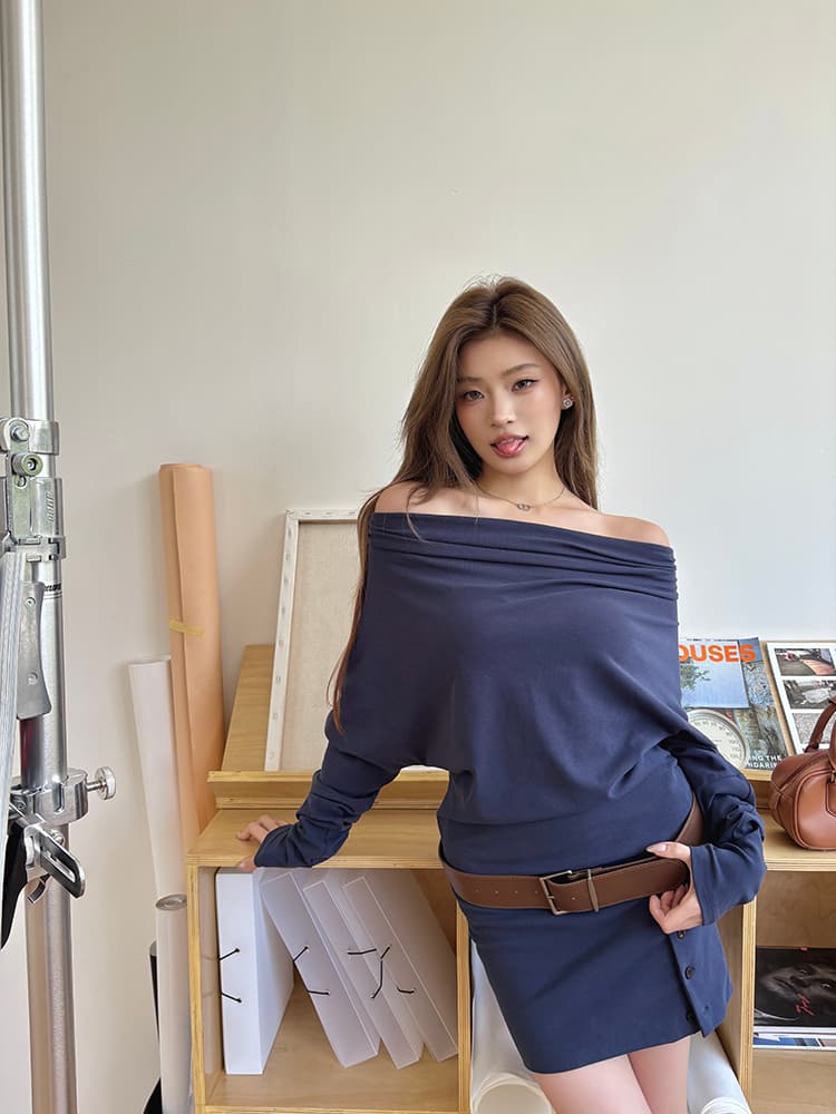 실사 2026 가을 새로운 배트윙 소매 오프숄더 흔들다 칼라 둘 착용 드레스 짧은 스커트 품격 타이트 스커트 치마 상세 이미지 7