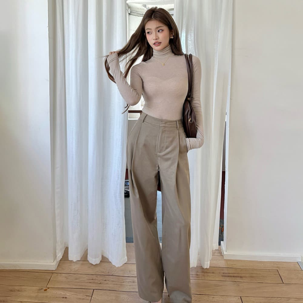 실사 2026 가을 새로운 오래된 돈 바람 질감 하이웨이스트 와이드 레그 팬츠 카키 색 슬랙스 여성 다용도 캐주얼 긴 바지 이미지 2
