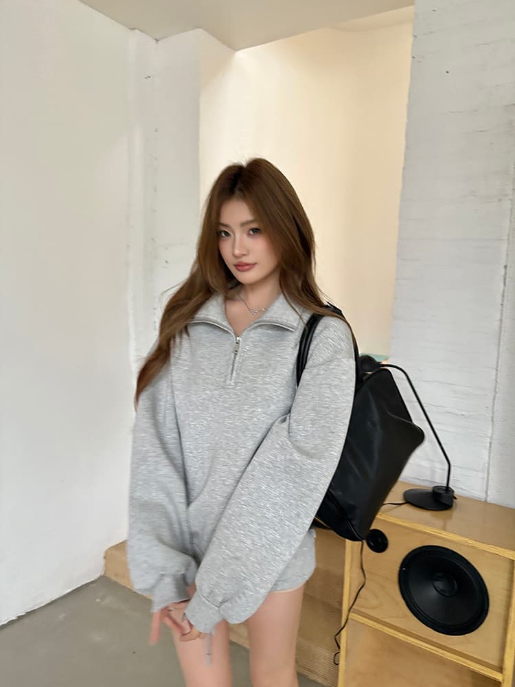 실사 2026 가을 새로운 루즈핏 프로필 모양 아메리칸 스탠드 칼라 부드럽다 빈 가스 층 후드티 하프 지퍼 맨위 여성 트렌디 상세 이미지 20