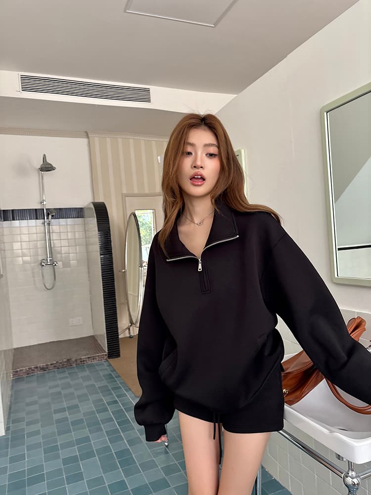 실사 2026 가을 새로운 루즈핏 프로필 모양 아메리칸 스탠드 칼라 부드럽다 빈 가스 층 후드티 하프 지퍼 맨위 여성 트렌디 상세 이미지 34