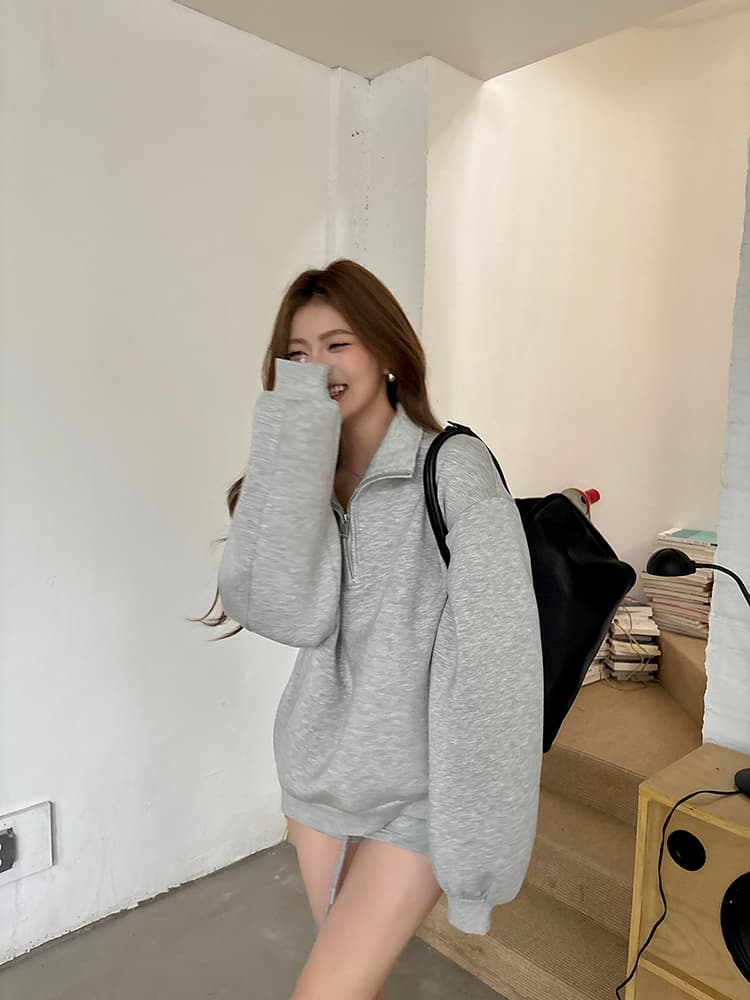 실사 2026 가을 새로운 루즈핏 프로필 모양 아메리칸 스탠드 칼라 부드럽다 빈 가스 층 후드티 하프 지퍼 맨위 여성 트렌디 상세 이미지 52