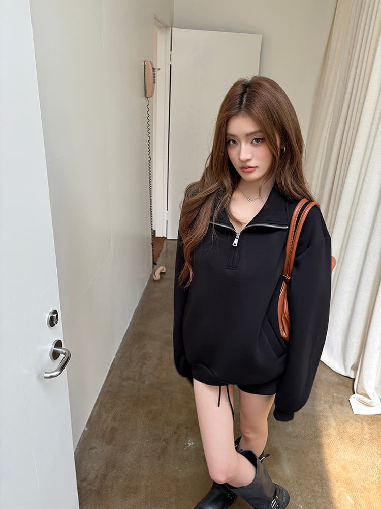 실사 2026 가을 새로운 루즈핏 프로필 모양 아메리칸 스탠드 칼라 부드럽다 빈 가스 층 후드티 하프 지퍼 맨위 여성 트렌디 상세 이미지 62