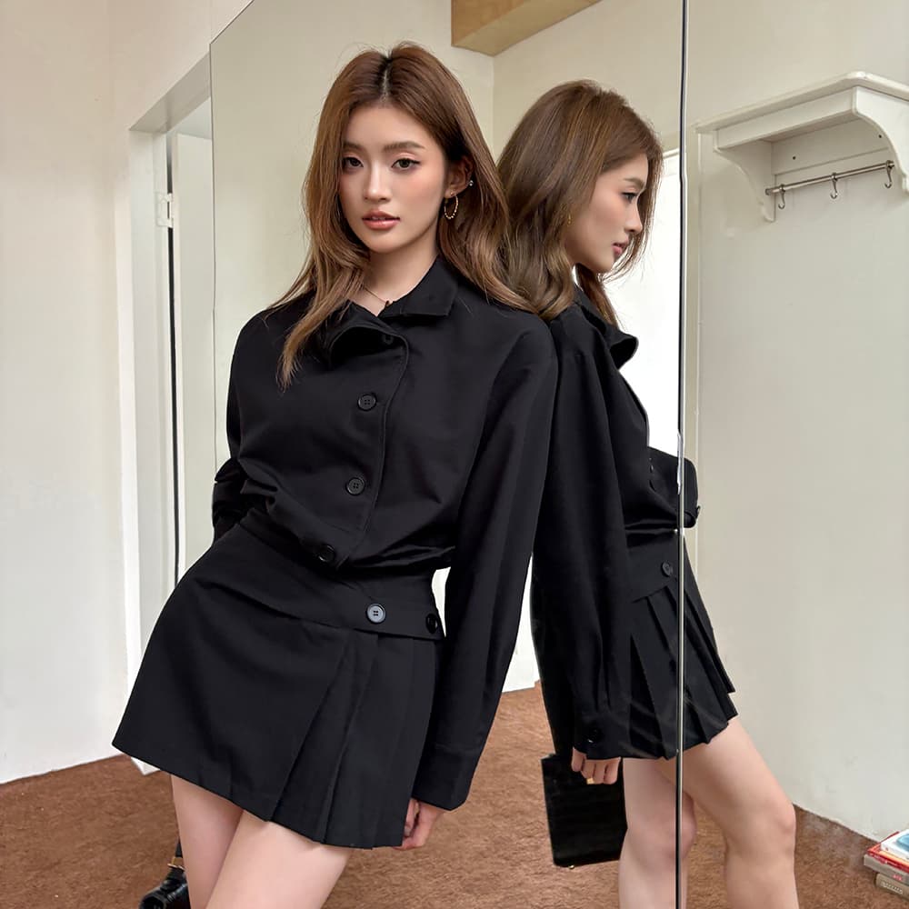 실사 2026 가을 새로운 레트로 스탠드 칼라 디자인 긴팔 셔츠 드레스 불규칙 핫걸 미니 스커트 여성 트렌디 이미지 2