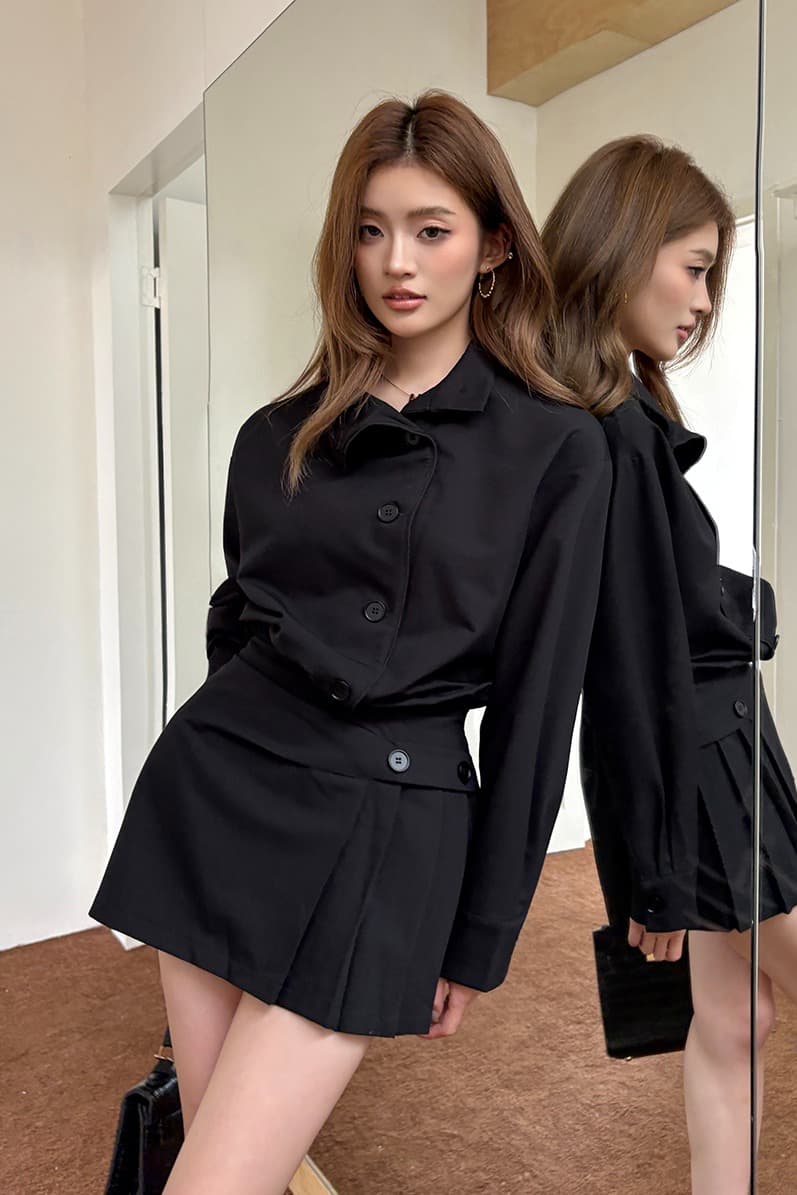 실사 2026 가을 새로운 레트로 스탠드 칼라 디자인 긴팔 셔츠 드레스 불규칙 핫걸 미니 스커트 여성 트렌디 이미지 7