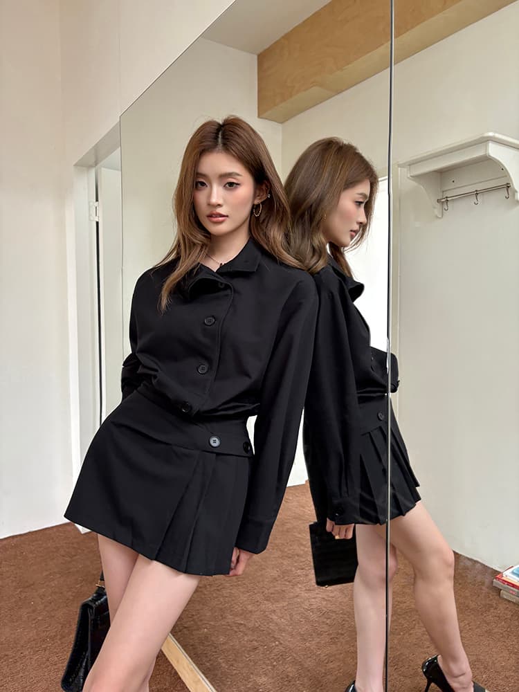 실사 2026 가을 새로운 레트로 스탠드 칼라 디자인 긴팔 셔츠 드레스 불규칙 핫걸 미니 스커트 여성 트렌디 상세 이미지 18