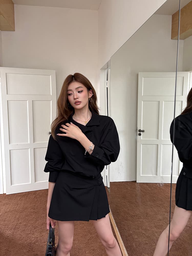 실사 2026 가을 새로운 레트로 스탠드 칼라 디자인 긴팔 셔츠 드레스 불규칙 핫걸 미니 스커트 여성 트렌디 상세 이미지 42