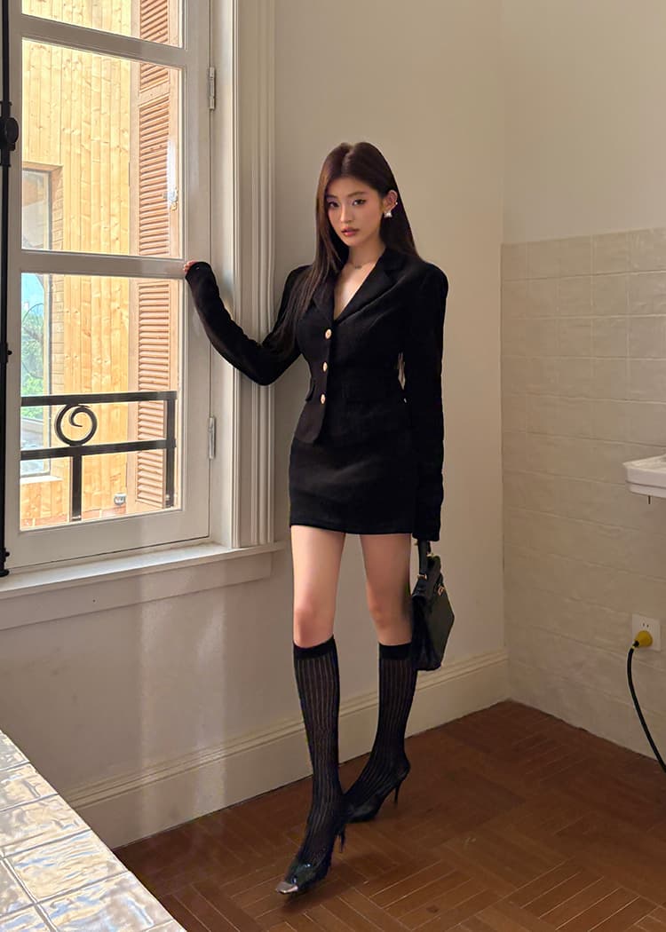 실사 2026 가을 새로운 검정색 작은 샤넬 스타일 여성 품격 허리 수축 블레이저 타이트 스커트 미니 스커트 투피스 슈트 상세 이미지 22